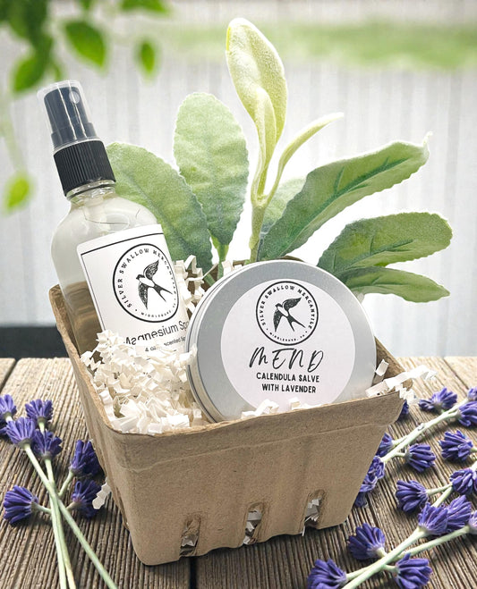 Small Self-Care Gift Set – Body Spray &amp; Body Salve in a Charming Berry Basket